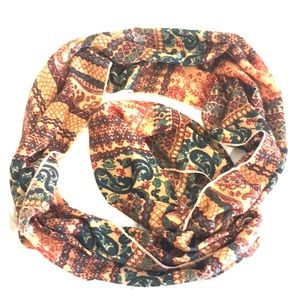 Tan, Burgundy and Teal Infinity Scarf